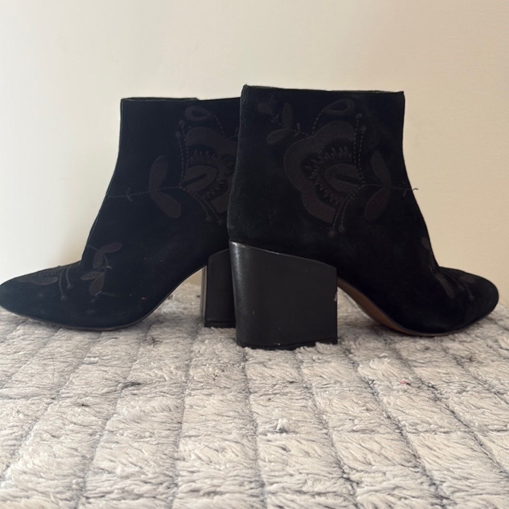 French Connection Black Ankle Boots with Chunky Heel and black embroidery